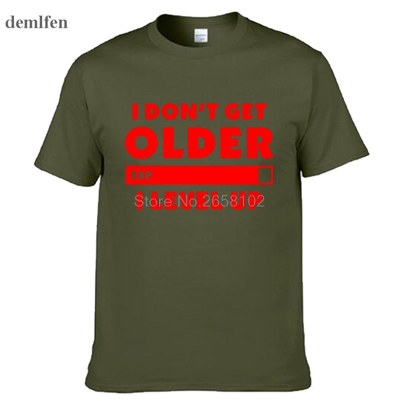 Army Green "I Don't Get Older. I Level Up" Gamer T-Shirt With Red Lettering