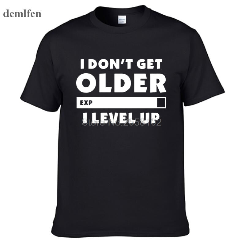 Black "I Don't Get Older. I Level Up" Gamer T-Shirt with White Lettering
