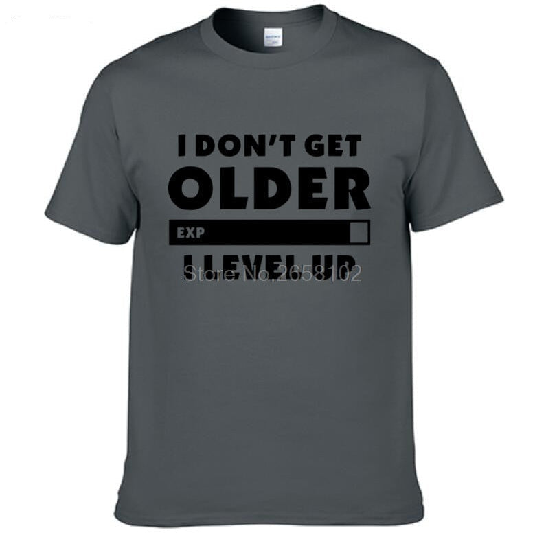 Dark Grey "I Don't Get Older. I Level Up" Gamer T-Shirt With Black Lettering