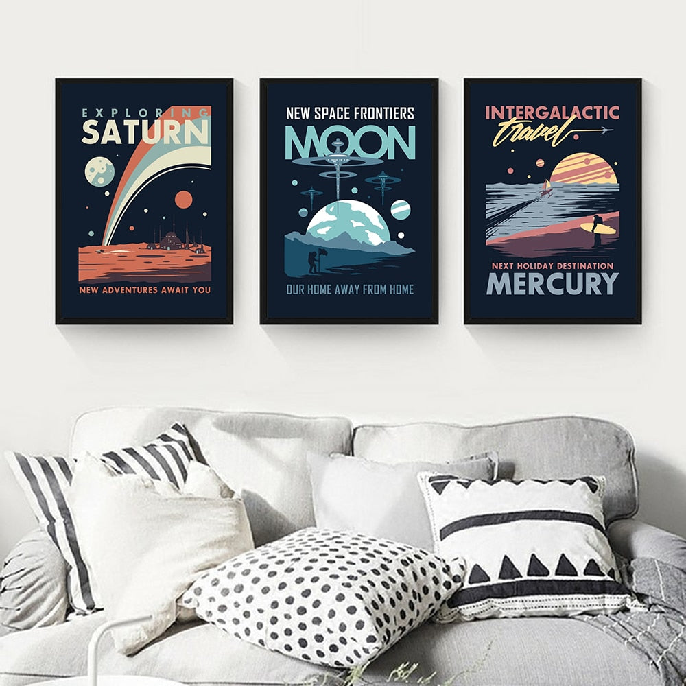 Three Planet Canvas Oil Paintings Above a Sofa