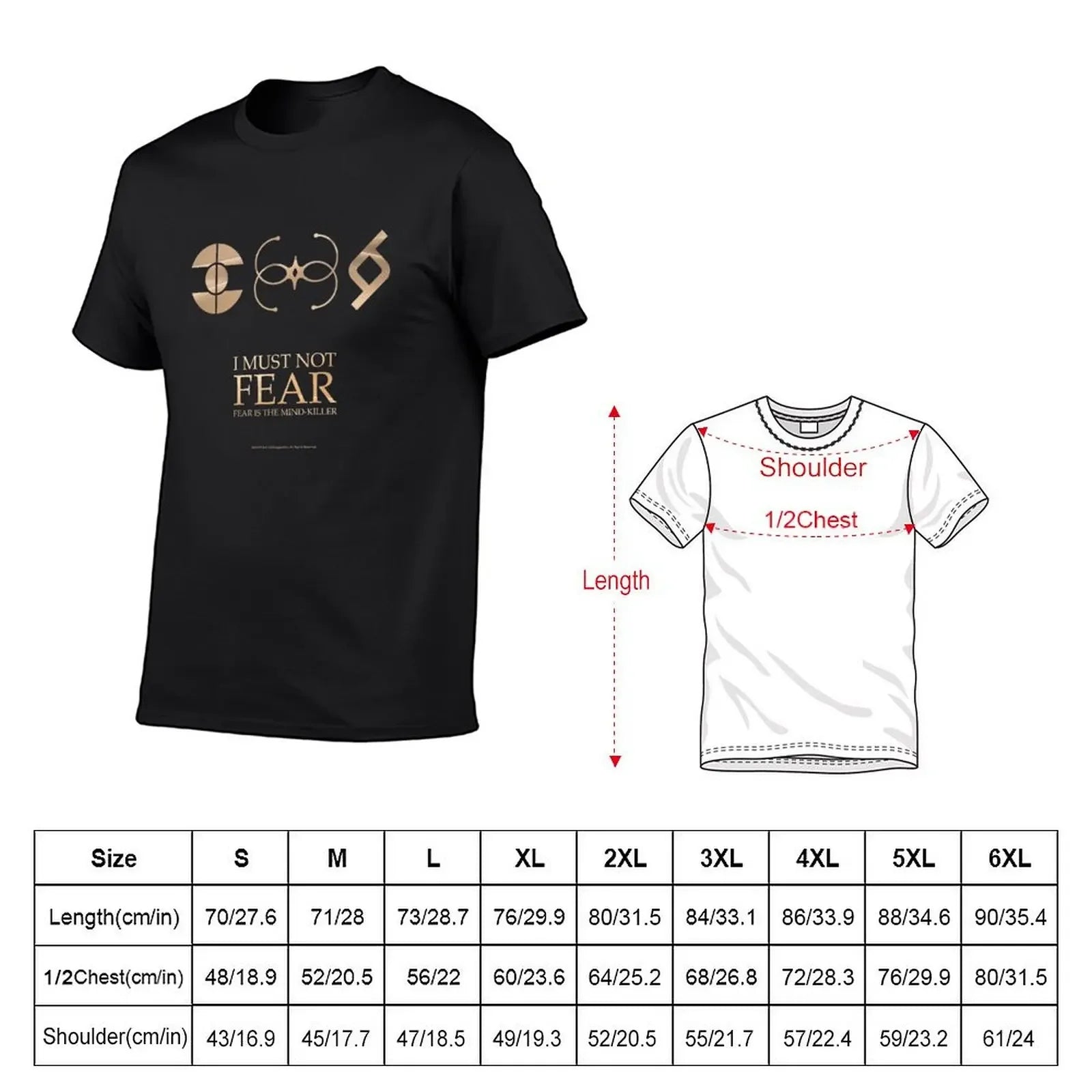 Mentat, Bene Gesserit and Fremen Crests T-Shirt Size Chart