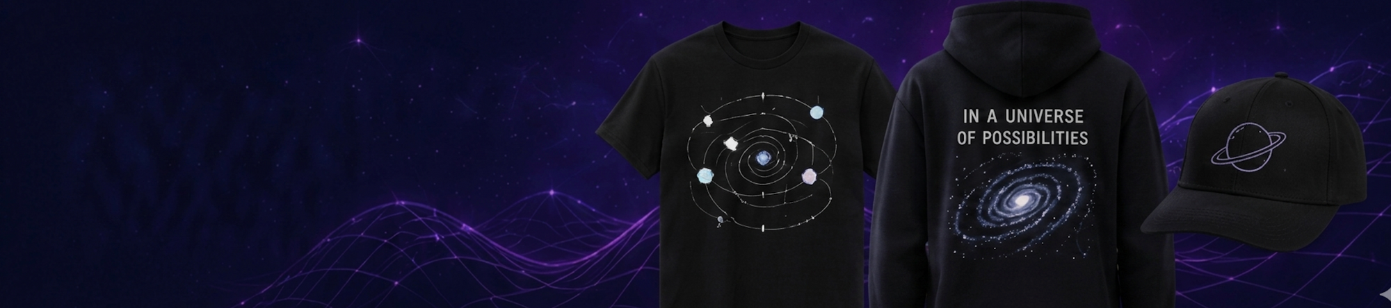 Black t-shirt, hoodie, and cap with celestial designs on a dark background