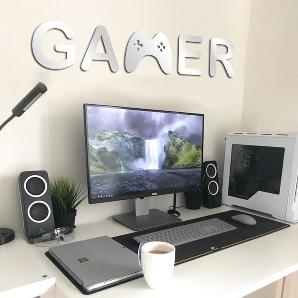 Silver Acrylic Mirror Gamer Wall Decal Above a Computer
