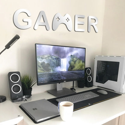 Silver Acrylic Mirror Gamer Wall Decal Above a Computer