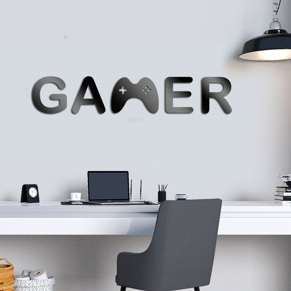Black Acrylic Mirror Gamer Wall Decal Above a Desk